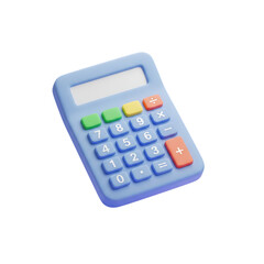 3d icon of a light blue calculator with colorful buttons and a blank screen, isolated on a transparent background