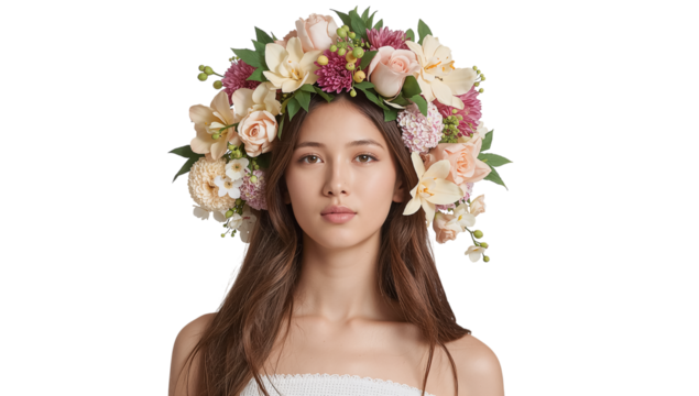 beautiful young woman with flowers on her head

