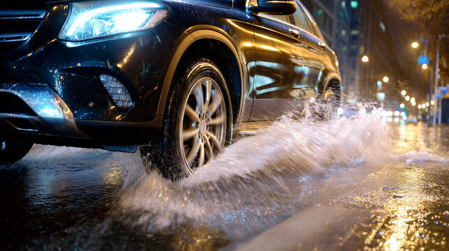 A modern car drives through a puddle on a rainy night. Water splashes from the wheels on a wet city street with glowing lights. Driving in bad weather concept