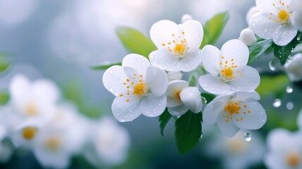 Fototapeta premium White jasmine blossom flowers with refreshing water drops