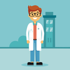 An illustration of a scientist doctor standing in a lab coat and wearing glasses