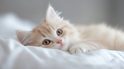 Obraz premium Fluffy kitten resting on a bed looking at camera