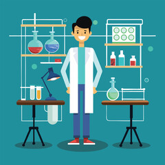 An illustration of a doctor using a microscope in a laboratory, wearing a coat