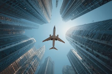 Airplane flying between skyscrapers in urban cityscape with dramatic sunrise