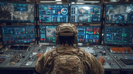 Military operations room with soldier monitoring high-tech screens in command center