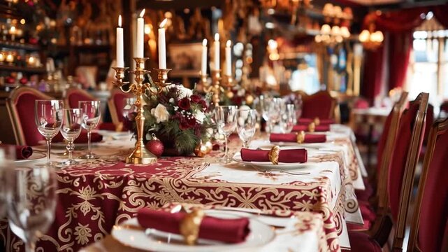 Mesa de restaurante elegante y selecta.
Mesa decorada para Navidad y A&ntilde;o Nuevo. Luz tenue y ambiente rom&aacute;ntico.