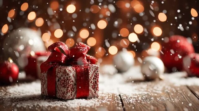 Escena navide&ntilde;a &iacute;ntima con regalo envuelto, iluminaci&oacute;n c&aacute;lida y elementos decorativos tradicionales en un ambiente acogedor. Caja de regalo de madera, atada con cuerda y etiqueta, rodeada de velas.