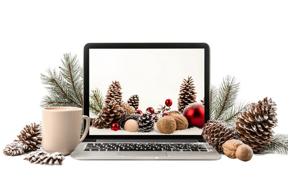 Laptop screen displaying a vibrant winter sale promotion with bright colorful lights and festive theme for online shopping isolated on transparent background PNG
