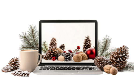 Laptop screen displaying a vibrant winter sale promotion with bright colorful lights and festive theme for online shopping isolated on transparent background PNG
