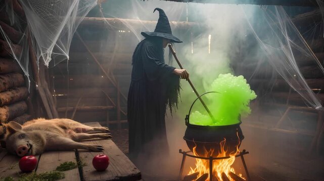 A video of a witch stirring a green potion in a foggy cabin with a crackling fire, spider webs, and Halloween props like a red apple and boar carcass, evoking a horror movie vibe