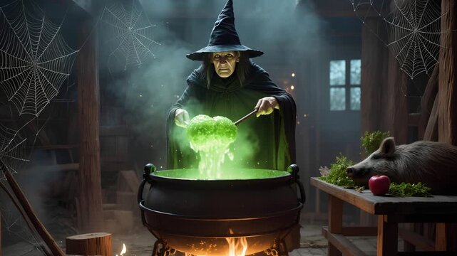 A video of a witch stirring a green potion in a foggy cabin with a crackling fire, spider webs, and Halloween props like a red apple and boar carcass, evoking a horror movie vibe