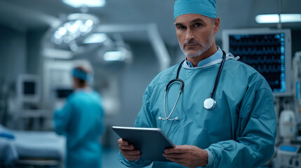 Experienced male doctor in surgical scrubs holding a tablet in a modern hospital operating room