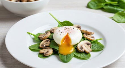 A perfectly poached egg with a runny yolk, served on fresh spinach and mushrooms