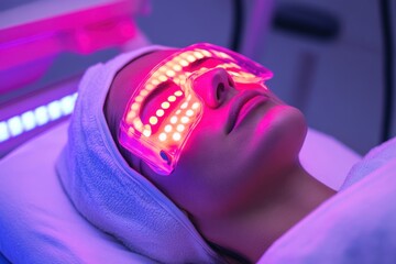 A person is relaxing while receiving red LED light therapy for facial skin rejuvenation with a modern mask.