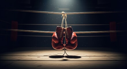A pair of red boxing gloves hang from the ropes in the center of a dark, empty ring under a dramatic spotlight, symbolizing retirement or the end of a match