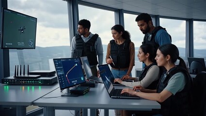 Team of Diverse Professionals Analyzing Drone Data in Modern Office Environment - Powered by Adobe