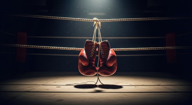 A pair of red boxing gloves hang from the ropes in the center of a dark, empty ring under a dramatic spotlight, symbolizing retirement or the end of a match - Powered by Adobe