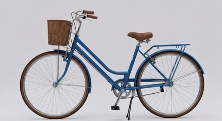 Blue vintage-style bicycle with wicker basket, brown seat, and rear rack on white background