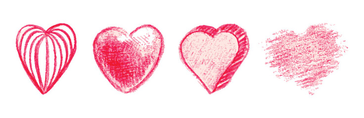 A set of hearts drawn in pink pencil or pastel. Hand-drawn Valentine's Day background templates. Grunge-style vector illustrations for gifts, frames, cards, invitations, and stickers.