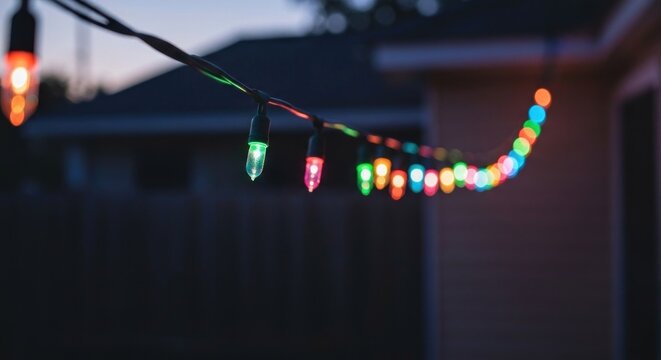 Bright, colorful string lights in focus, stretching across a dark residential backyard at dusk - Powered by Adobe