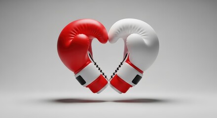 Two boxing gloves, one red and one white, coming together to form a heart shape, representing a deep love and passion for the sport of boxing