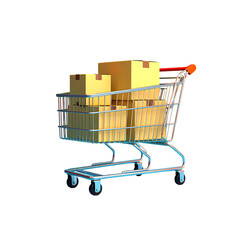 3d icon of a shopping cart filled with cardboard boxes, isolated on transparent background