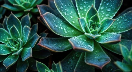 Obraz premium Close-up of fresh green succulents adorned with tiny glistening water droplets, nature