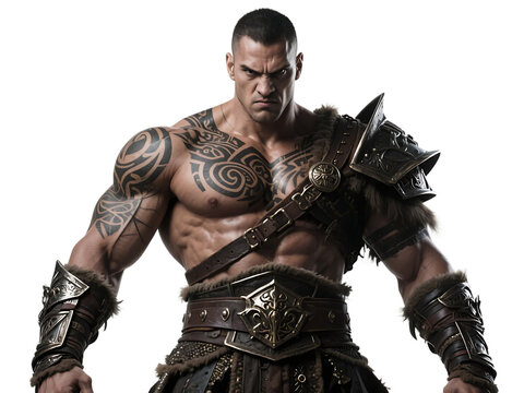 A muscular warrior with tattoos is wearing armor and standing in a ready position.