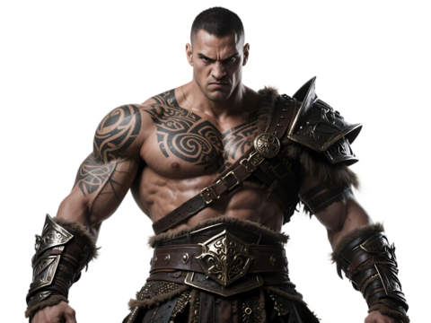 A muscular warrior with tattoos is wearing armor and standing in a ready position.