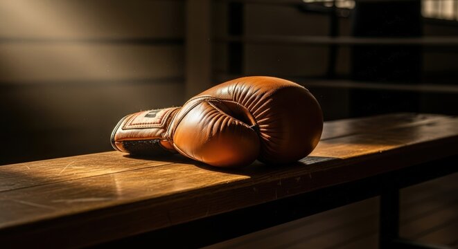 Solitary brown leather boxing glove resting on a wooden bench in a dimly lit gym after a fight