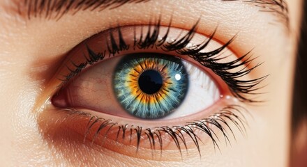 Fototapeta premium Detailed shot of a vibrant human eye featuring a blue and yellow iris and dark lashes