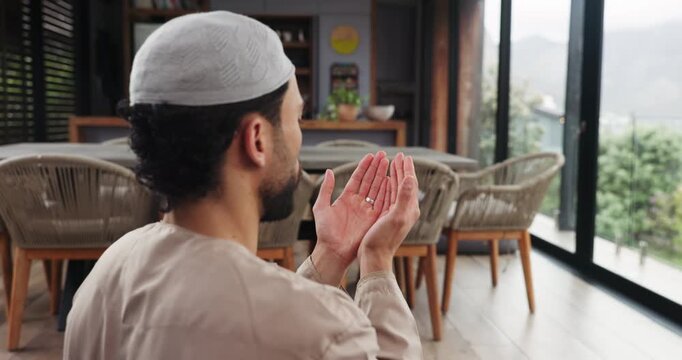 Muslim, man and praying with salah at house for gratitude, islamic faith and worship Allah on Eid. Male person, prayer and dua with spiritual belief, religious devotion and praise to God of tradition