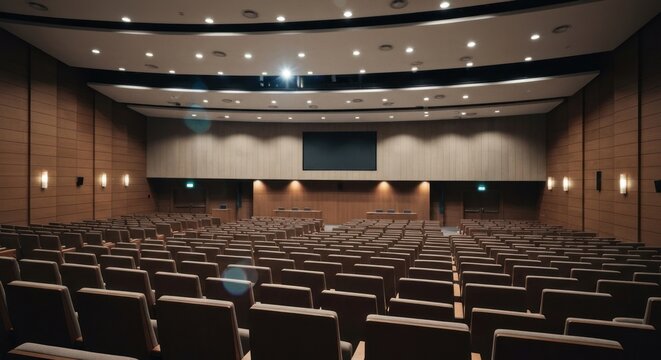 Empty modern conference hall with brown seats, large screen, and wooden paneling