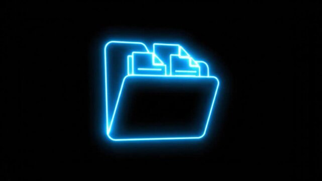 Glowing neon outline of an open file folder with papers inside against a black backdrop