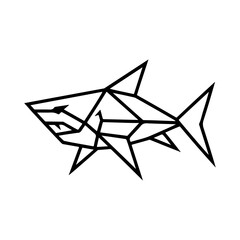 Fototapeta premium Modern geometric shark logo with a fierce expression, crafted from black polygonal lines in a minimalist style. An abstract vector predator fish icon