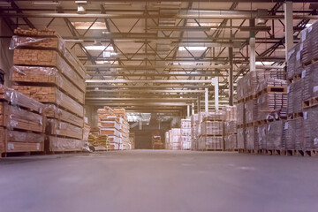 Wood industry warehouse with packaged laminate boards