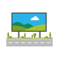 Fototapeta premium Billboard displaying a landscape beside a road.