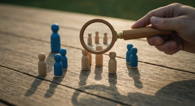 Hand holds magnifying glass over diverse wooden figures, selecting a target audience