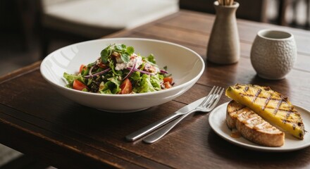 Healthy vibrant salad, grilled pineapple, toast, cutlery on dark wooden table setting