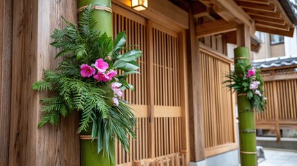 Traditional japanese kadomatsu decoration featuring bamboo and pine for new year celebrations