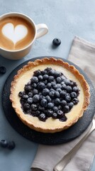 Aesthetic dessert and coffee pairing, featuring a delightful berry tart with a smooth custard filling.