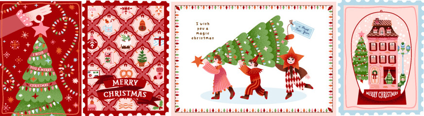 Naklejka na ściany i meble Merry Christmas and Happy New Year: Festive holiday illustrations, Christmas tree, pattern, snow globe, winter scenes, and cheerful characters for greeting card, poster, postage stamp and background Naklejka na ściany i meble Merry Christmas and Happy New Year: Festive holiday illustrations, Christmas tree, pattern, snow globe, winter scenes, and cheerful characters for greeting card, poster, postage stamp and background