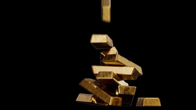 High-contrast horizontal 3D rendered animation of shiny gold bars with beautiful reflectons falling to the bottom and forming a tower of stacked ingots of precious metall on a black background