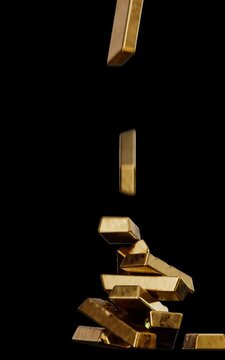 High-contrast vertical 3D rendered animation of shiny warm yellow gold bars with beautiful reflectons falling and forming a tower of stacked ingots of precious metall on a black background.