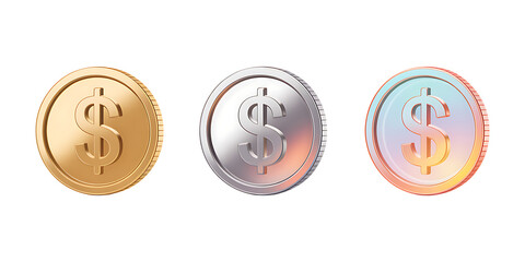 Stylized Gold, Silver, and Iridescent Coins with Dollar Symbol – Digital Currency PNG