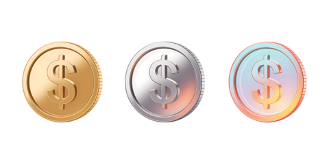 Stylized Gold, Silver, and Iridescent Coins with Dollar Symbol – Digital Currency PNG
