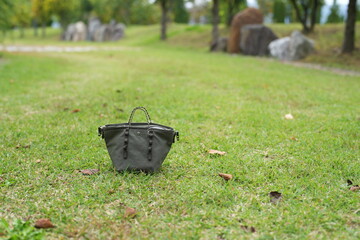 A small purse is sitting on the grass in a park