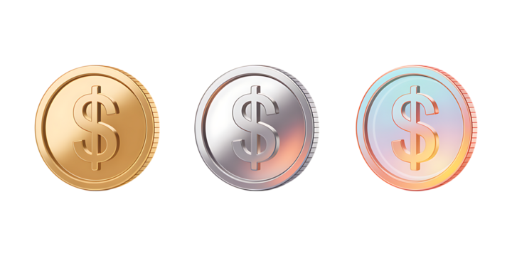 Stylized Gold, Silver, and Iridescent Coins with Dollar Symbol – Digital Currency PNG