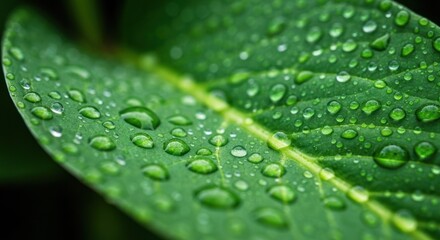 Macro shot of a lush green leaf adorned with sparkling, translucent water beads