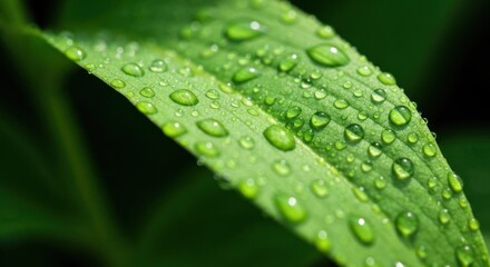 Macro shot lush green leaf, numerous clear water droplets glistening, vibrant nature